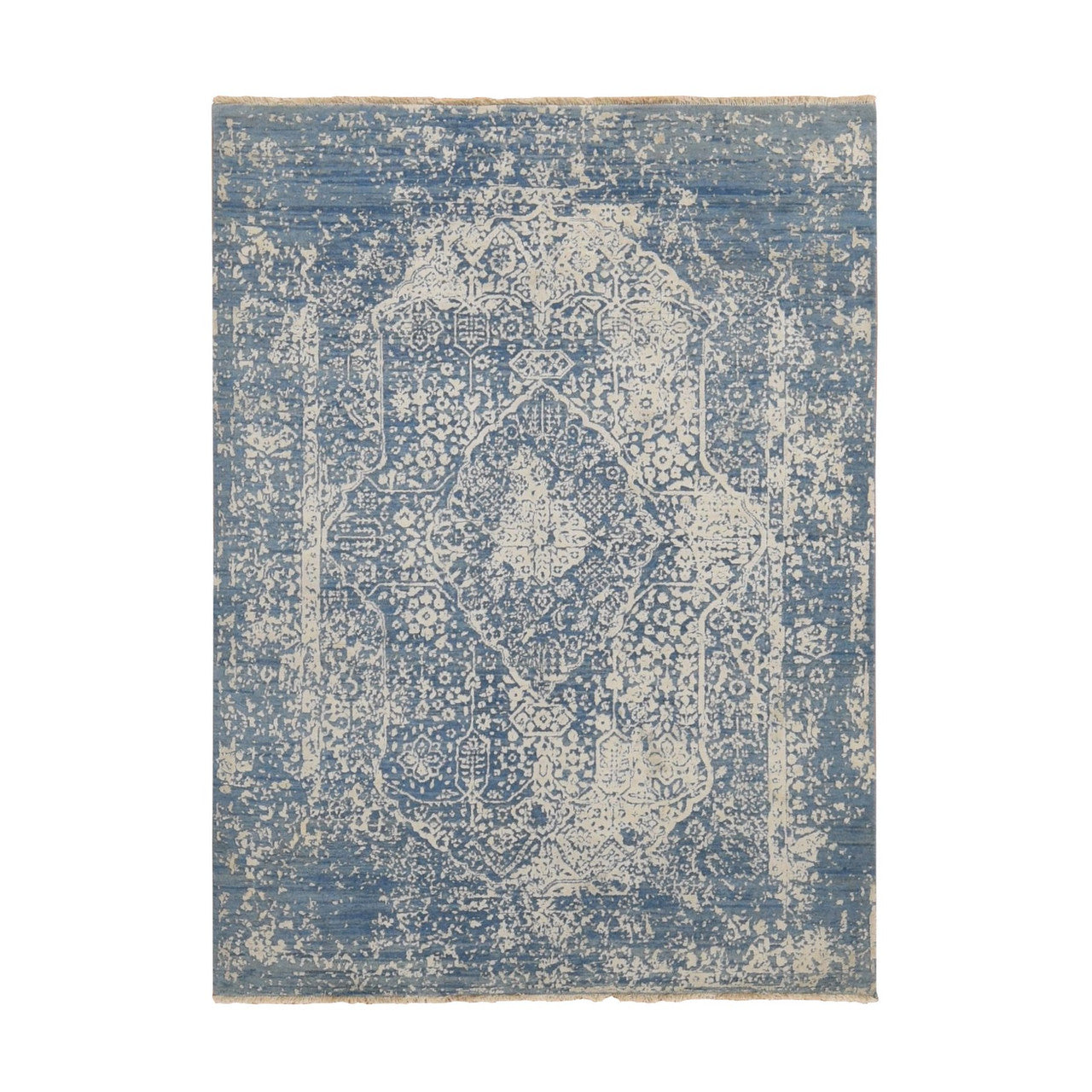 Blue 5'1" x 7'0" Transitional Hand knotted Wool/Silk Rug - Sku: O080927