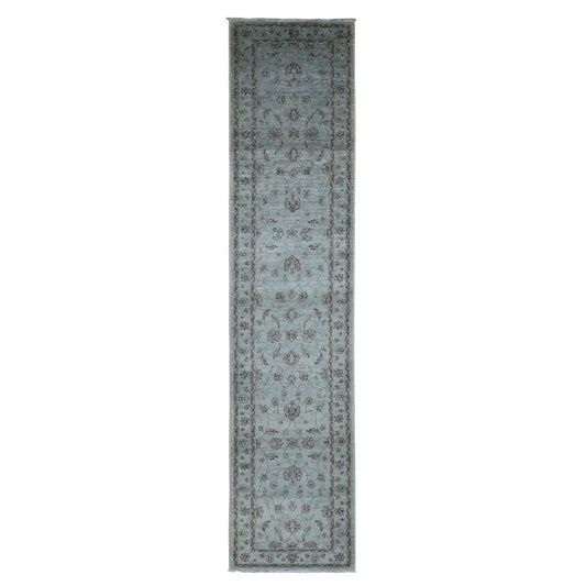 Overdyed & Vintage Wool Hand Knotted Rug Grey Silver 2.8X13.0 -O080932