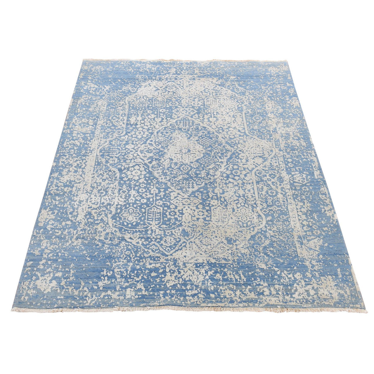 Blue 5'1" x 7'0" Transitional Hand knotted Wool/Silk Rug - Sku: O080958