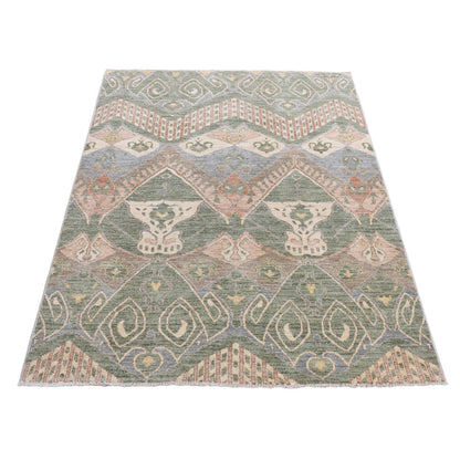 Tribal & Geometric Wool Hand Knotted Rug Green No Border 5.1X7.1 -O080961