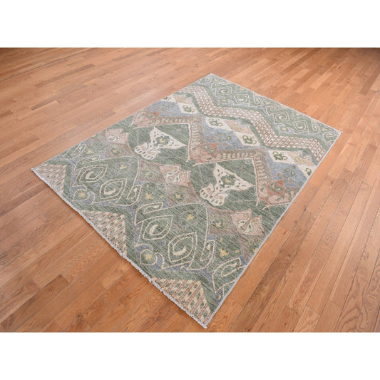 Tribal & Geometric Wool Hand Knotted Rug Green No Border 5.1X7.1 -O080961