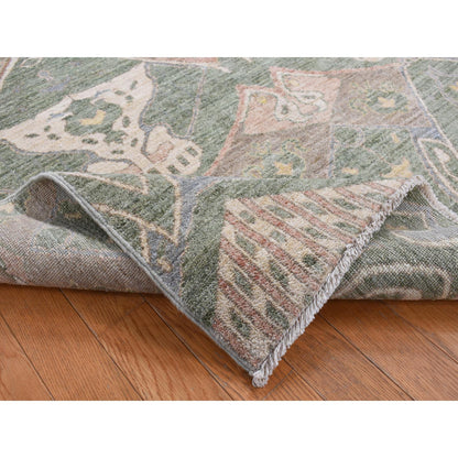 Tribal & Geometric Wool Hand Knotted Rug Green No Border 5.1X7.1 -O080961