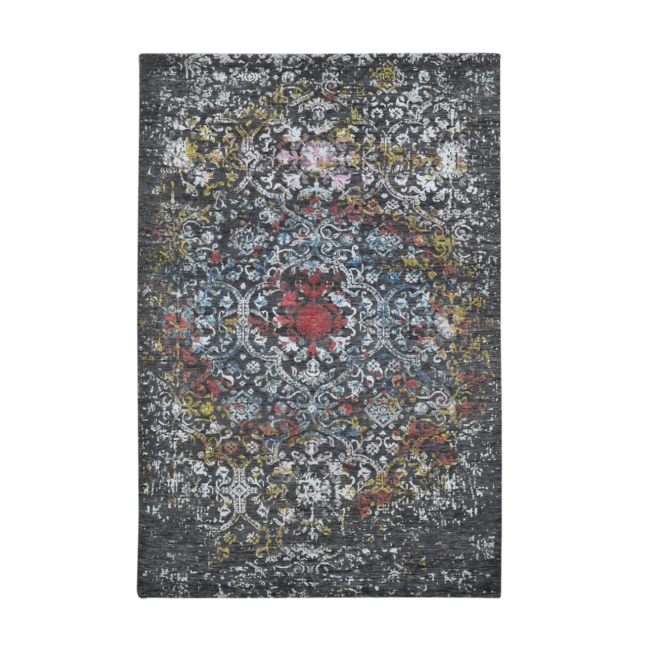 Black 6'1" x 9'2" Transitional Hand knotted Wool/Silk Rug - Sku: O080969