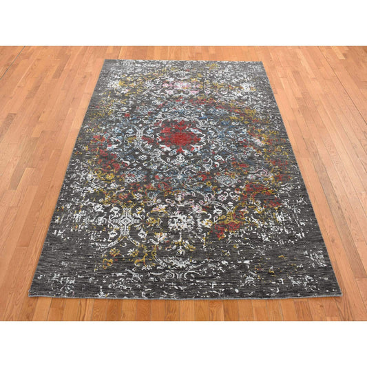 Transitional Wool & Silk Hand Knotted Rug Black No Border 6.1X9.2 -O080969