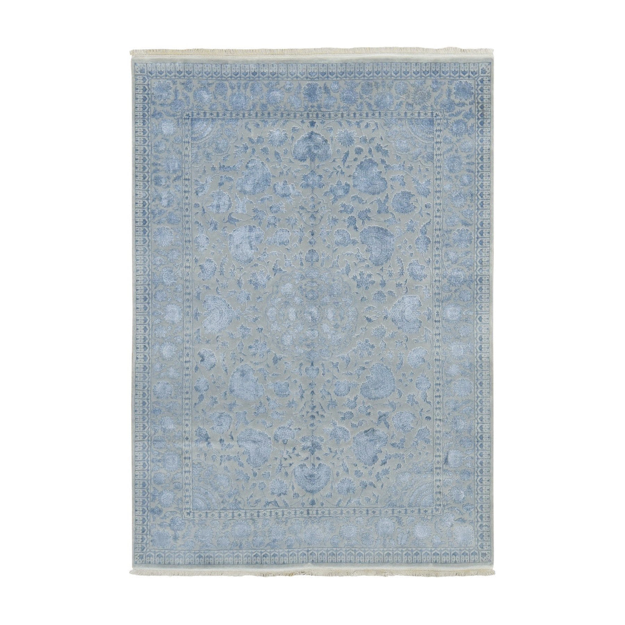Fine Oriental Wool & Silk Hand Knotted Rug Grey Gray 5.7X7.10 -O080982