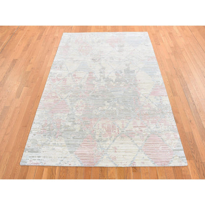 Modern and Contemporary Wool & Silk Hand Knotted Rug Ivory No Border 5.9X9.3 -O080986