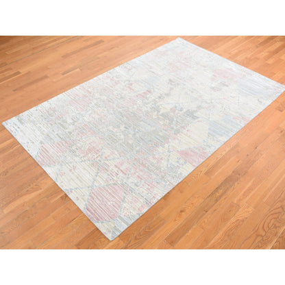 Modern and Contemporary Wool & Silk Hand Knotted Rug Ivory No Border 5.9X9.3 -O080986