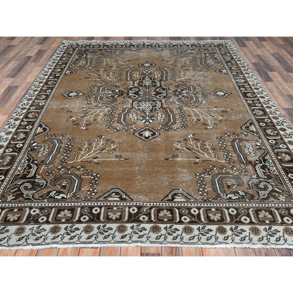Overdyed & Vintage Worn Wool Hand Knotted Rug Brown Ivory 7.0X10.0 -O081021