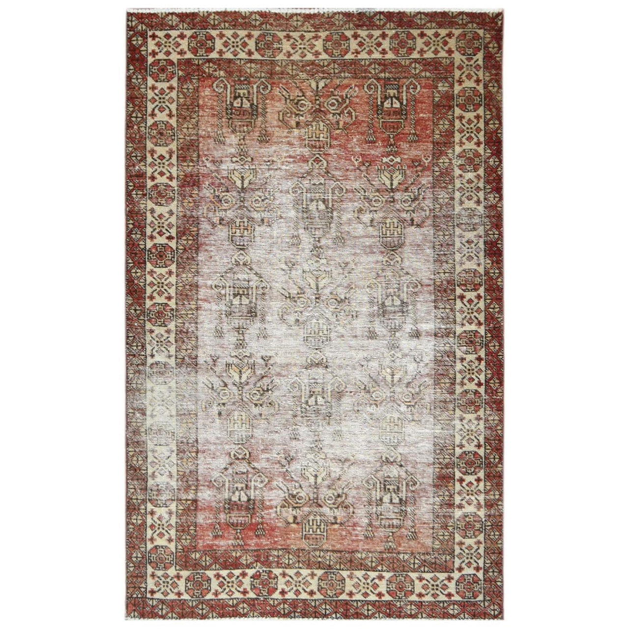 Overdyed & Vintage Worn Wool Hand Knotted Rug Brown Ivory 3.9X6.0 -O081037