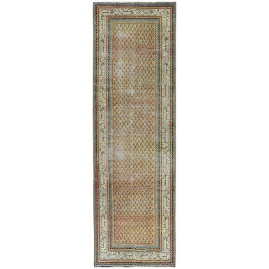 Overdyed & Vintage Worn Wool Hand Knotted Rug Brown Ivory 3.2X10.5 -O081043