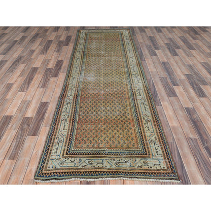 Overdyed & Vintage Worn Wool Hand Knotted Rug Brown Ivory 3.2X10.5 -O081043
