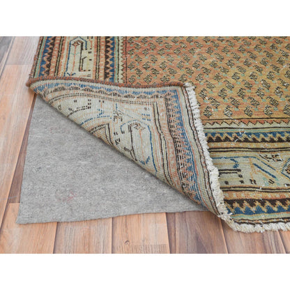 Overdyed & Vintage Worn Wool Hand Knotted Rug Brown Ivory 3.2X10.5 -O081043