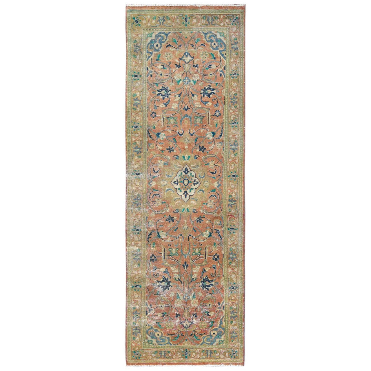 Red 3'5" x 10'5" Overdyed & Vintage Worn Hand knotted Wool Rug - Sku: O081049