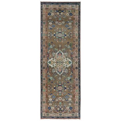 Overdyed & Vintage Worn Wool Hand Knotted Rug Brown Navy Blue 3.4X9.9 -O081057