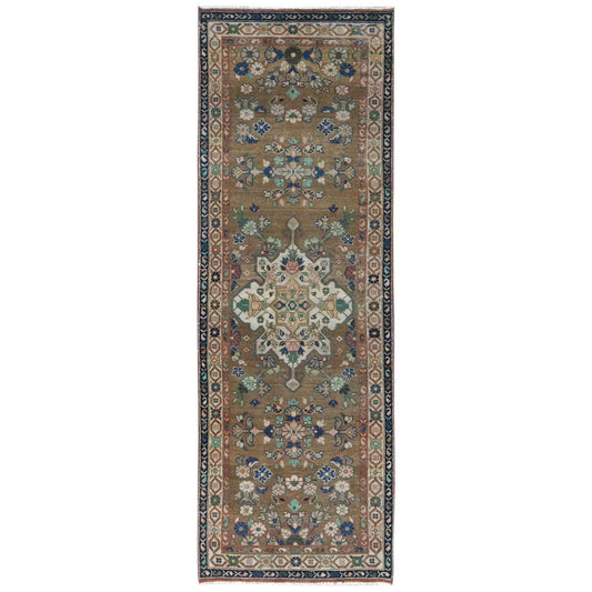 Overdyed & Vintage Worn Wool Hand Knotted Rug Brown Navy Blue 3.4X9.9 -O081057