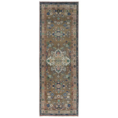 Overdyed & Vintage Worn Wool Hand Knotted Rug Brown Navy Blue 3.4X9.9 -O081057