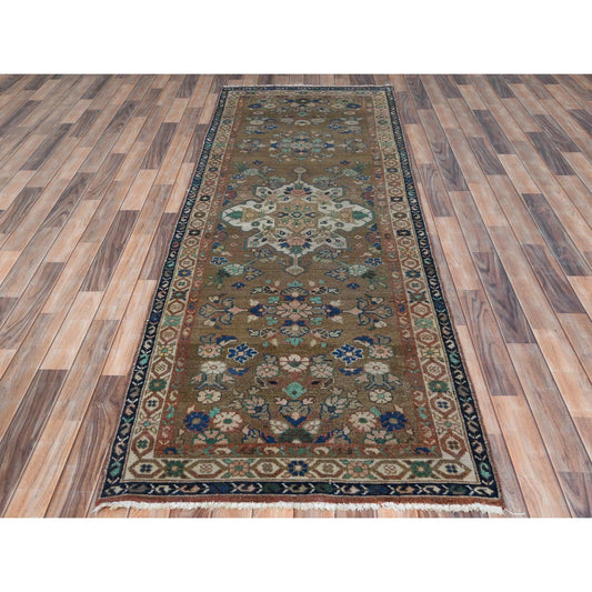 Overdyed & Vintage Worn Wool Hand Knotted Rug Brown Navy Blue 3.4X9.9 -O081057