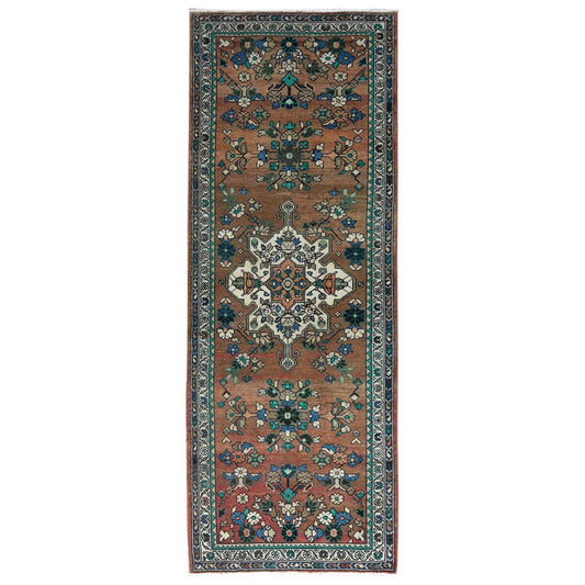Overdyed & Vintage Worn Wool Hand Knotted Rug Brown Ivory 3.7X9.9 -O081061