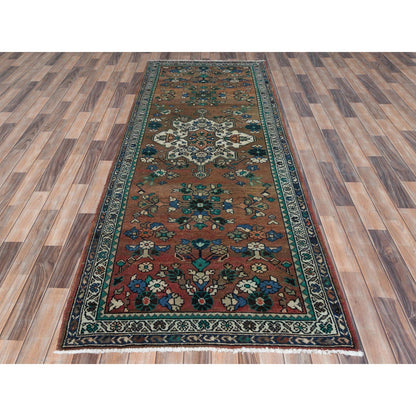 Overdyed & Vintage Worn Wool Hand Knotted Rug Brown Ivory 3.7X9.9 -O081061