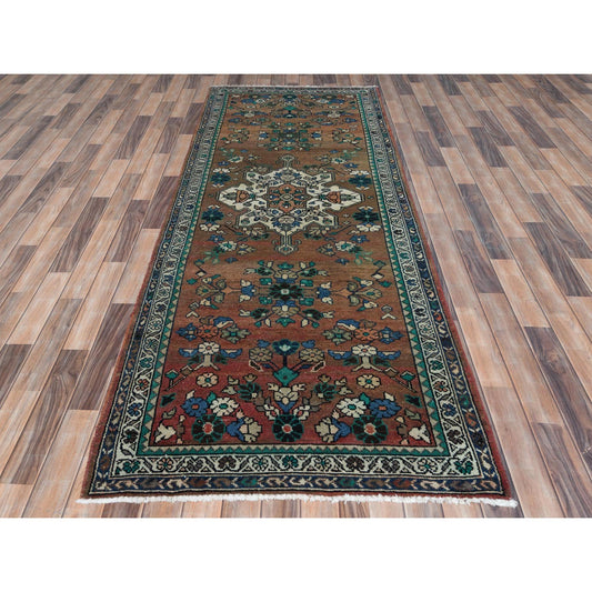 Overdyed & Vintage Worn Wool Hand Knotted Rug Brown Ivory 3.7X9.9 -O081061