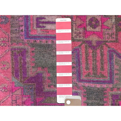 Overdyed & Vintage Worn Wool Hand Knotted Rug Pink Hot Pink 3.5X9.5 -O081063