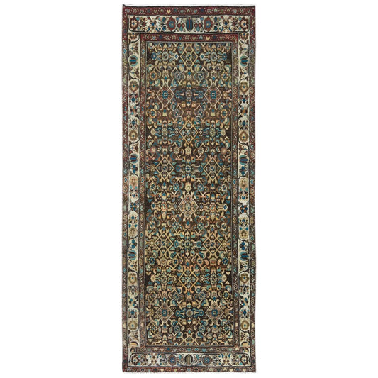Overdyed & Vintage Worn Wool Hand Knotted Rug Brown Ivory 3.7X9.10 -O081073