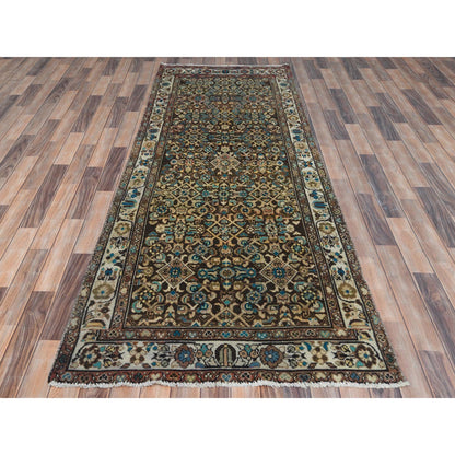 Overdyed & Vintage Worn Wool Hand Knotted Rug Brown Ivory 3.7X9.10 -O081073