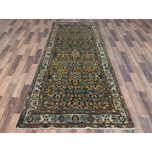 Overdyed & Vintage Worn Wool Hand Knotted Rug Brown Ivory 3.7X9.10 -O081073