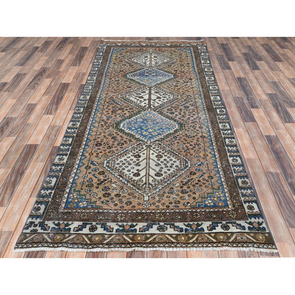 Overdyed & Vintage Worn Wool Hand Knotted Rug Brown Brown 4.1X9.10 -O081074