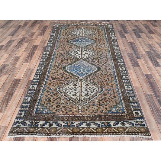 Overdyed & Vintage Worn Wool Hand Knotted Rug Brown Brown 4.1X9.10 -O081074