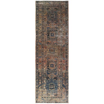 Overdyed & Vintage Worn Wool Hand Knotted Rug Brown Navy Blue 3.5X10.6 -O081077