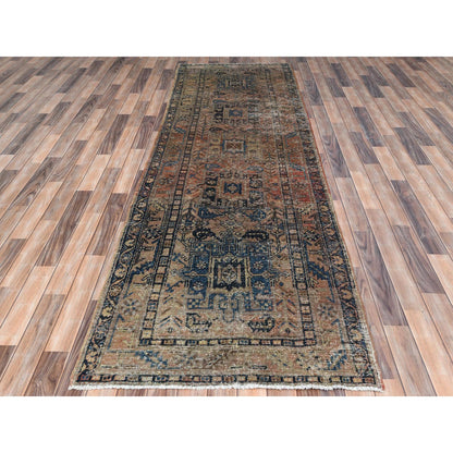 Overdyed & Vintage Worn Wool Hand Knotted Rug Brown Navy Blue 3.5X10.6 -O081077