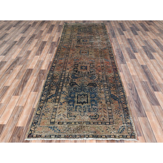 Overdyed & Vintage Worn Wool Hand Knotted Rug Brown Navy Blue 3.5X10.6 -O081077