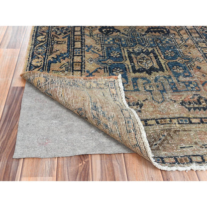 Overdyed & Vintage Worn Wool Hand Knotted Rug Brown Navy Blue 3.5X10.6 -O081077