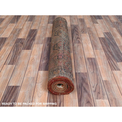 Overdyed & Vintage Worn Wool Hand Knotted Rug Brown Navy Blue 3.5X10.6 -O081077