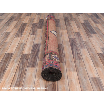 Overdyed & Vintage Worn Wool Hand Knotted Rug Orange Hot Pink 4.8X9.2 -O081081