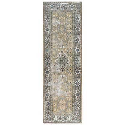 Overdyed & Vintage Worn Wool Hand Knotted Rug Green Ivory 3.5X10.6 -O081132