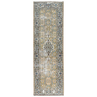 Overdyed & Vintage Worn Wool Hand Knotted Rug Green Ivory 3.5X10.6 -O081132