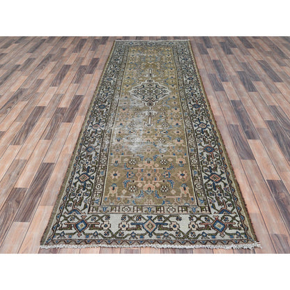 Overdyed & Vintage Worn Wool Hand Knotted Rug Green Ivory 3.5X10.6 -O081132