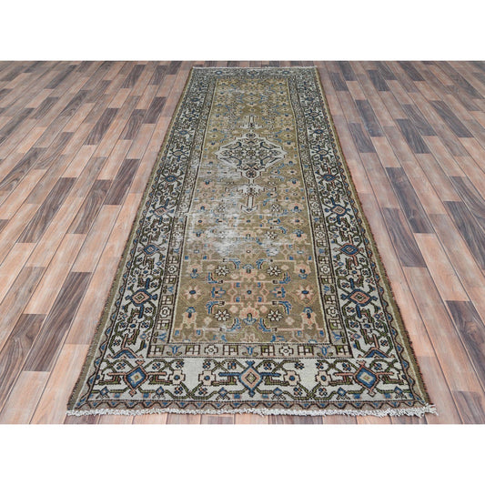 Overdyed & Vintage Worn Wool Hand Knotted Rug Green Ivory 3.5X10.6 -O081132