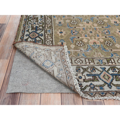 Overdyed & Vintage Worn Wool Hand Knotted Rug Green Ivory 3.5X10.6 -O081132