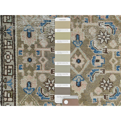 Overdyed & Vintage Worn Wool Hand Knotted Rug Green Ivory 3.5X10.6 -O081132