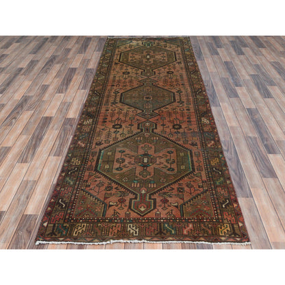 Overdyed & Vintage Worn Wool Hand Knotted Rug Brown Brown 3.7X10.2 -O081136