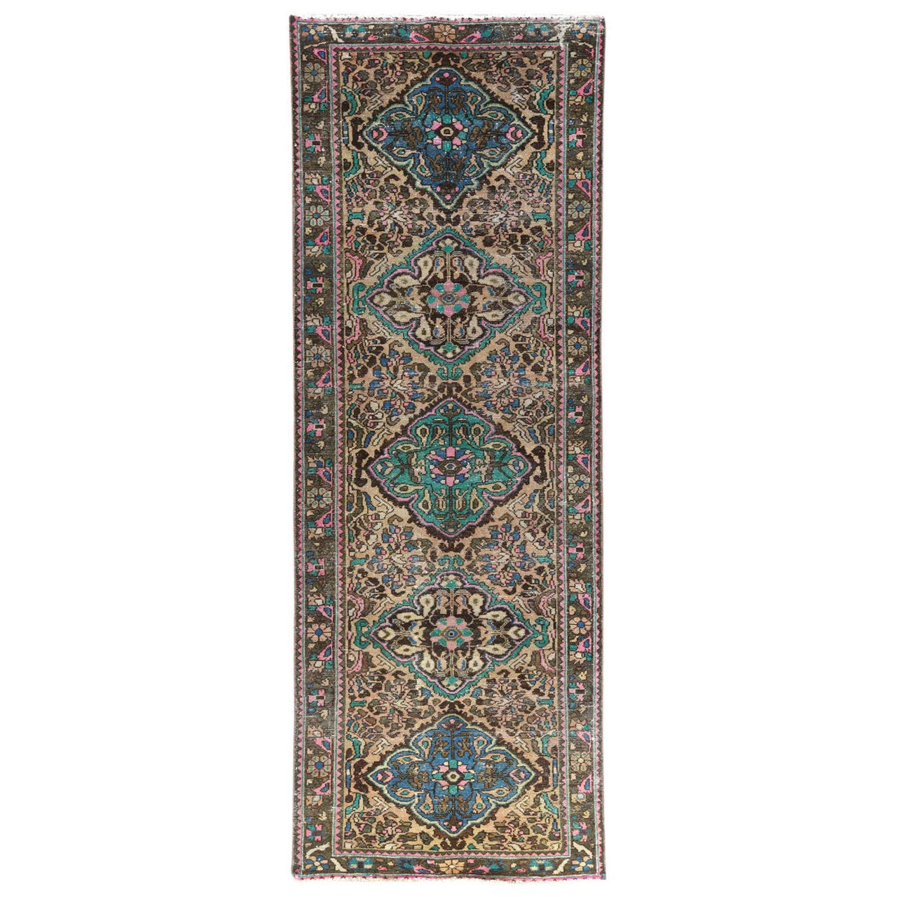 Brown 3'6" x 9'7" Overdyed & Vintage Worn Hand knotted Wool Rug - Sku: O081142