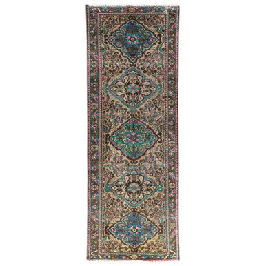 Overdyed & Vintage Worn Wool Hand Knotted Rug Brown Green 3.6X9.7 -O081142