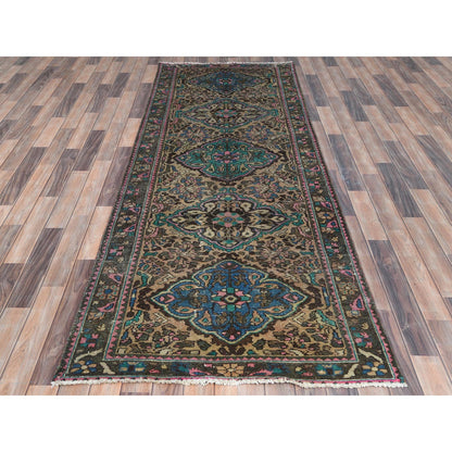 Overdyed & Vintage Worn Wool Hand Knotted Rug Brown Green 3.6X9.7 -O081142