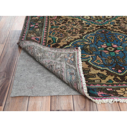 Overdyed & Vintage Worn Wool Hand Knotted Rug Brown Green 3.6X9.7 -O081142