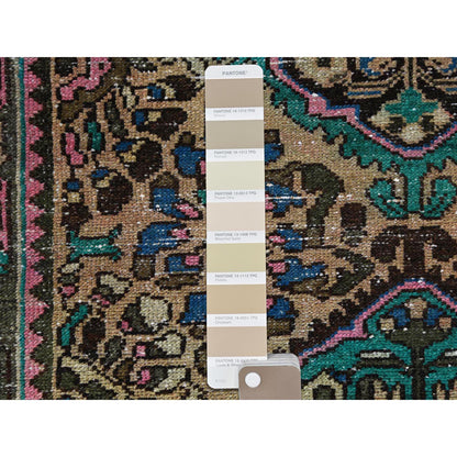 Overdyed & Vintage Worn Wool Hand Knotted Rug Brown Green 3.6X9.7 -O081142