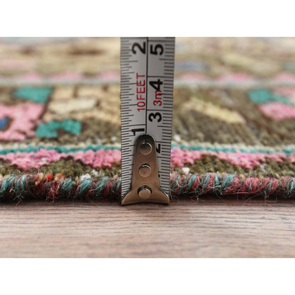 Overdyed & Vintage Worn Wool Hand Knotted Rug Brown Green 3.6X9.7 -O081142
