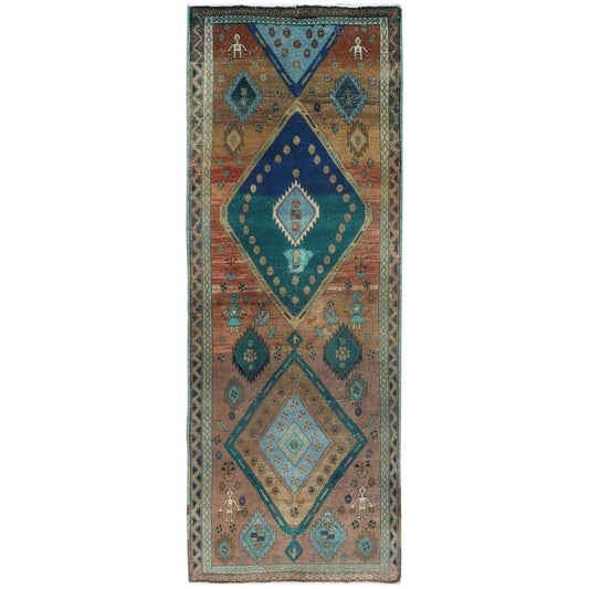 Overdyed & Vintage Worn Wool Hand Knotted Rug Brown Brown 3.8X9.9 -O081144
